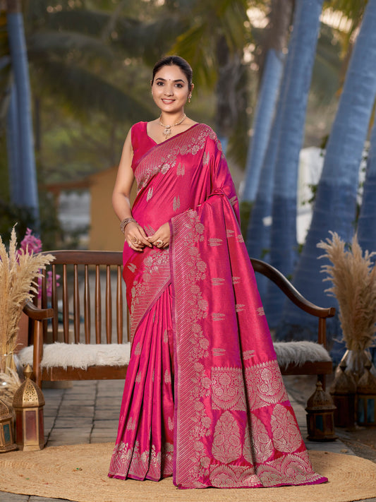 MANOHARI Banarasi Silk Blend Jacquard Work Saree - Pink