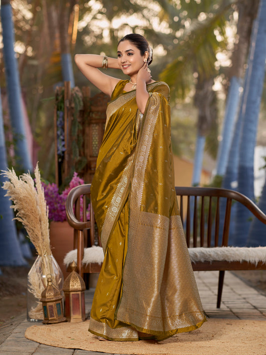 MANOHARI Banarasi Silk Blend Jacquard Work Saree - Yellow