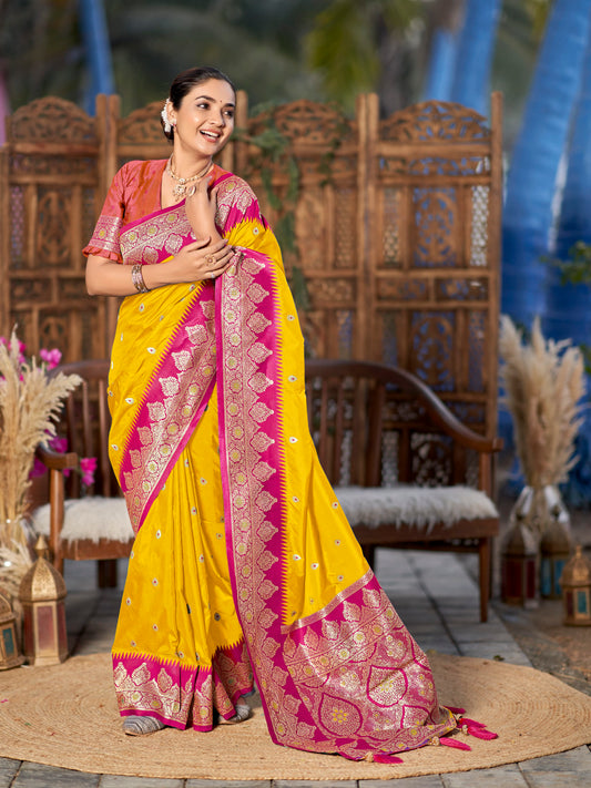 MANOHARI Banarasi Silk Blend Jacquard Work Saree - Yellow