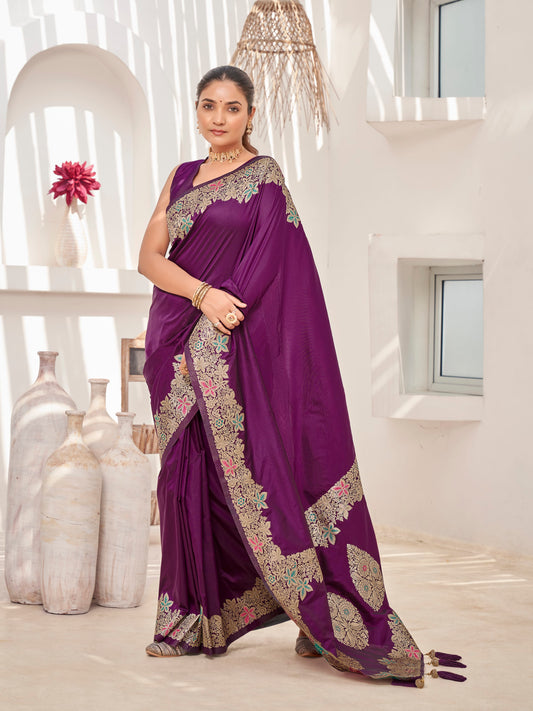 MANOHARI Banarasi Silk Blend Jacquard Work Saree - Purple