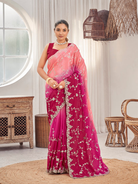 MANOHARI Georgette Embroidered Work Saree - Pink