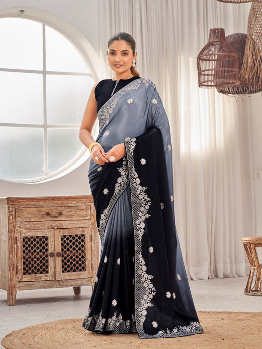 MANOHARI Georgette Embroidered Work Saree - Black