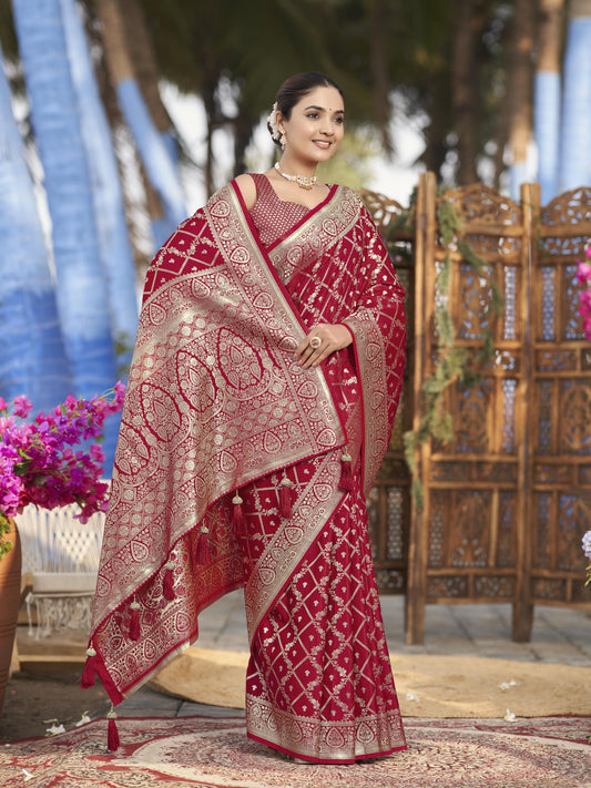 MANOHARI Banarasi Silk Blend Jacquard Work Saree - Red