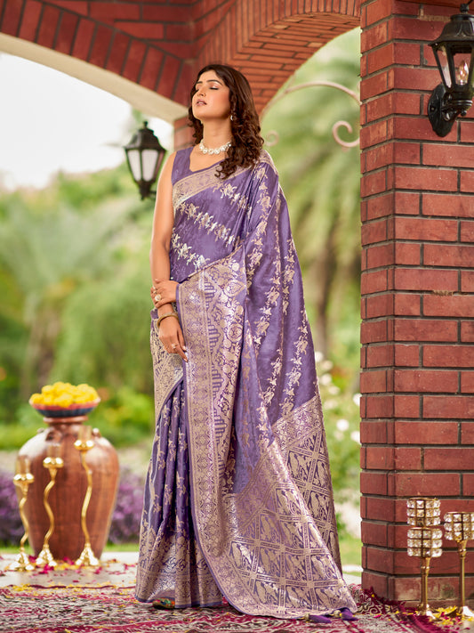 MANOHARI Banarasi Silk Blend Jacquard Work Saree - Purple