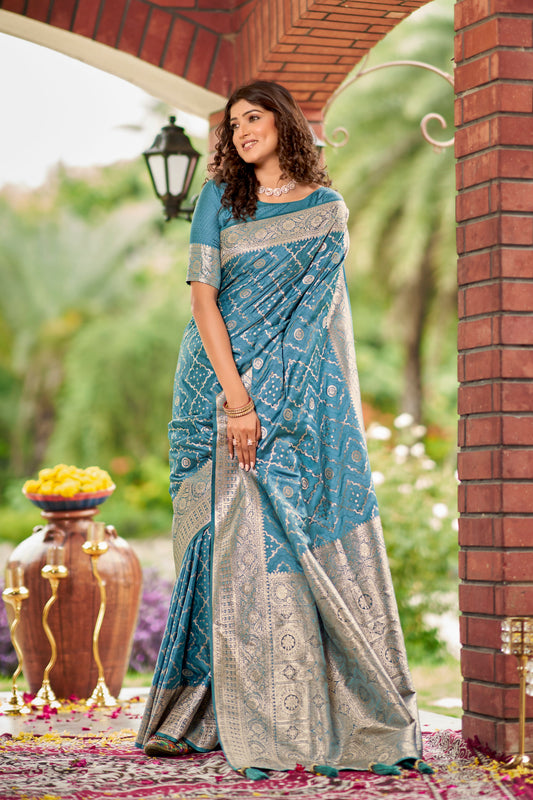 MANOHARI Banarasi Silk Blend Jacquard Work Saree - Blue