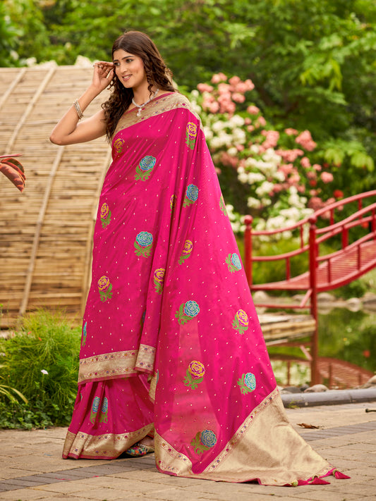 MANOHARI Banarasi Silk Blend Jacquard Work Saree - Pink