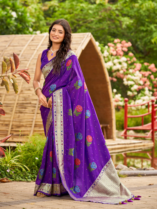 MANOHARI Banarasi Silk Blend Jacquard Work Saree - Purple