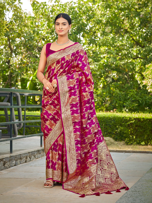 MANOHARI Banarasi Silk Blend Jacquard Work Saree - Pink