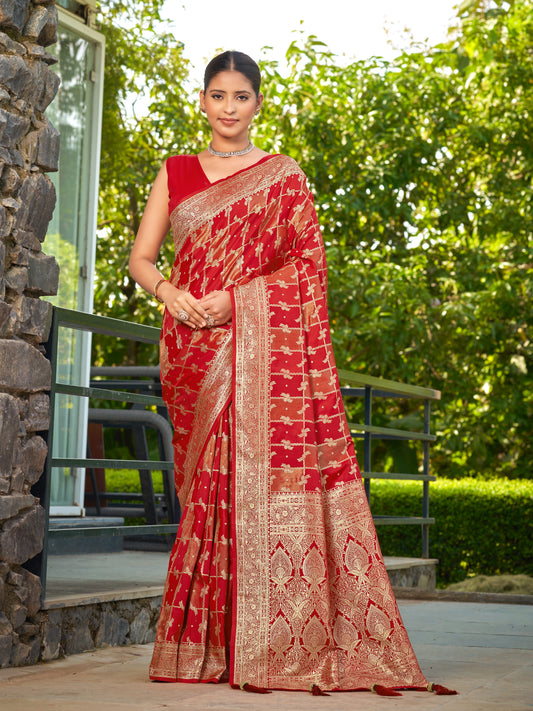 MANOHARI Banarasi Silk Blend Jacquard Work Saree - Red