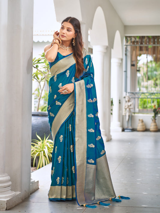MANOHARI Banarasi Silk Blend Jacquard Work Saree - Blue