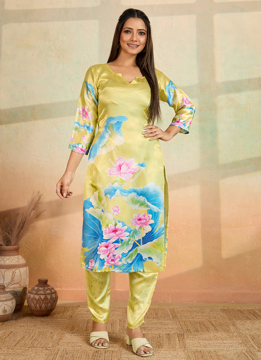 Prazu Fashion Light Yellow Printed Cotton Reyon Kurta Pant Set