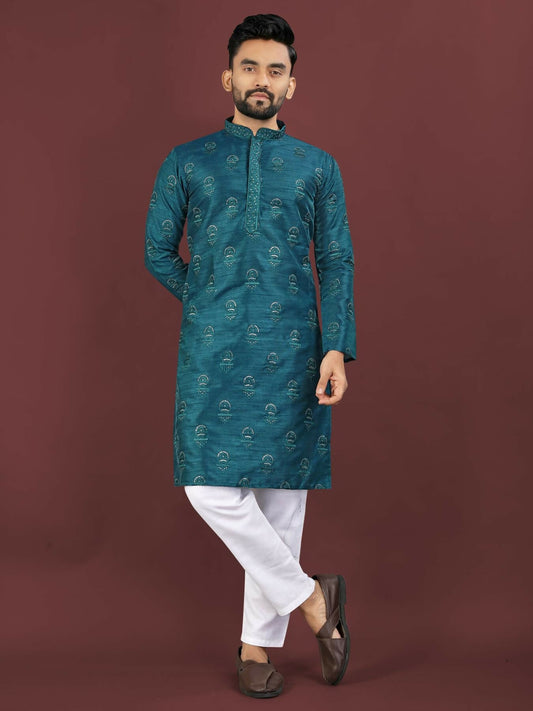Anaita Teal Embroidered Silk Straight Kurta