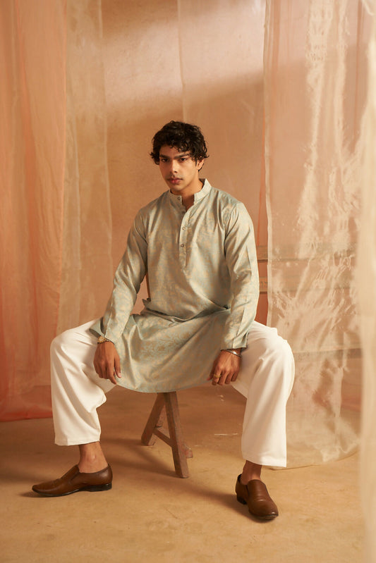 Light Blue Viscose Wevon Designer Men's Kurta Set - Mahotsav
