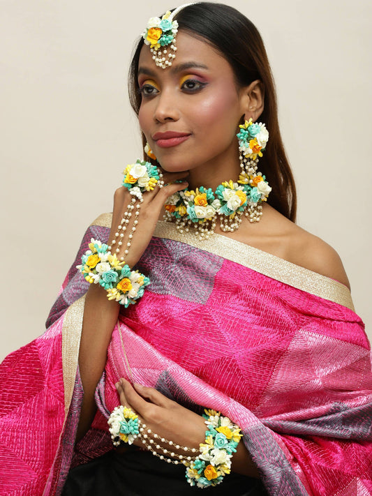 Flower Jewellery Gold-Plated Turquoise Blue Floral Jewellery Set - Ruby Raang - Grab2buy