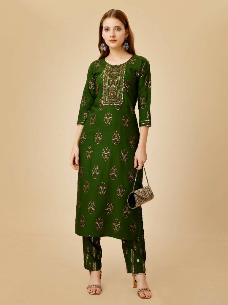 Aastha Fashion Women's Green Viscose Rayon Embroidered Kurta Pant Set - Grab2buy