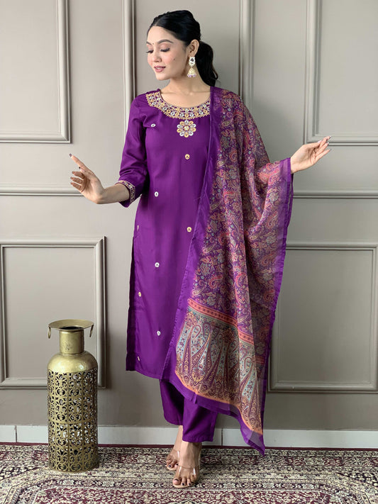 Teeya Creation Purple Color Rayon Slub Embroidery Work Fully Stitched Kurti Set