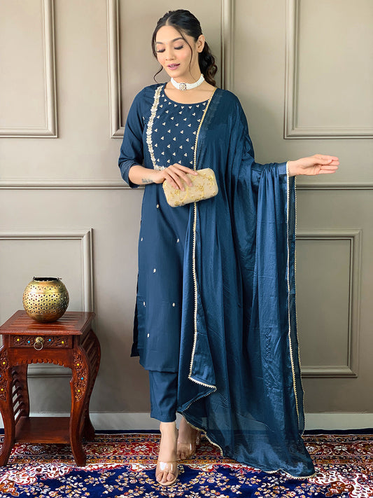 Teeya Creation Blue Color Rayon Slub Embroidery Work Fully Stitched Kurti Set