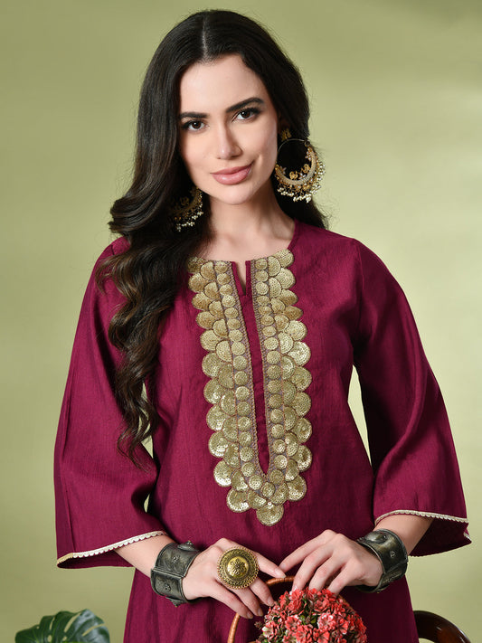 Myshka Women's Embroidered Keyhole Neck Bell Sleeves Kurta & Palazzos Sets in Magenta Color