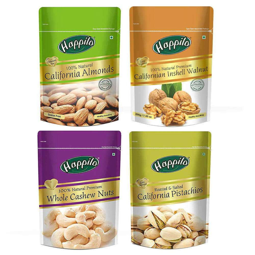 Happilo Premium Dry Fruit Combo (Almond, Cashews, Pistachios & Inshell Walnuts) - Grab2buy