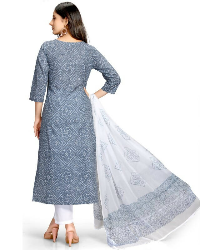 Aastha Fashion Women's Blue Cotton Embroidered Kurta with Trouser & Dupatta - Grab2buy
