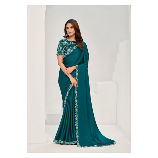 Teal Crepe Satin Silk Sequence & Applique Saree with Unstitched Blouse Piece - Norita Saanjh