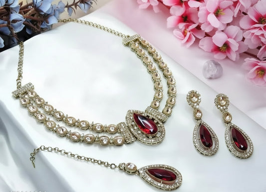 Jewel City Teardrop Bridal Necklace Set with Earrings & Maang Tikka - Ethnic Wedding Jewelry for Brides & Parties