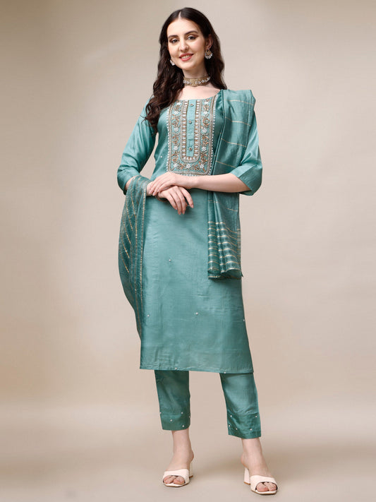 Embroidered Kurta With Pant & Dupatta Set, Multicolor - Hiral Fashion