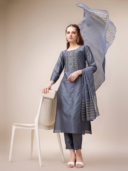 Embroidered Kurta With Pant And Dupatta Set, Multicolor - Hiral Fashion