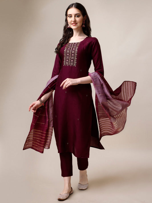 Embroidered Kurta With Pant & Dupatta Set, Multicolor - Hiral Fashion