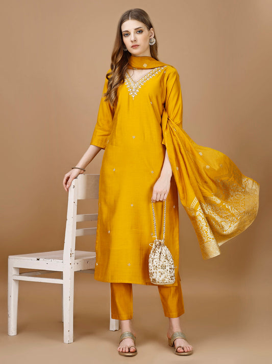 Hand Embroidered Kurta With Pant & Banarasi Dupatta Premium, Multicolor - Hiral Fashion