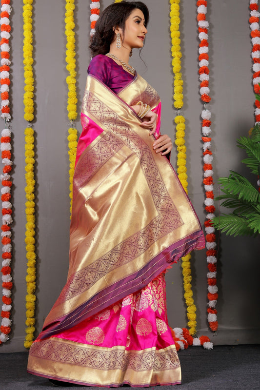 Anaita Pink Woven Design Pure Silk Banarasi Saree With Blouse
