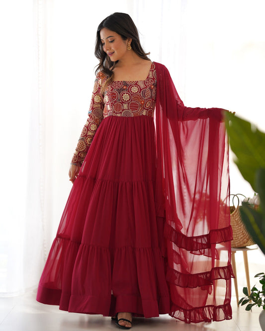 Lorenvalley Fashion Maroon Faux Georgette Embroidery 9 Needle Thread Work Anarkali Pant with Dupatta