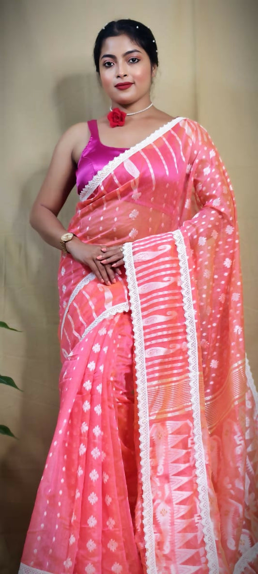 Exclusive Collection Beautiful Peach Jaal Jamdani Grab2Buy