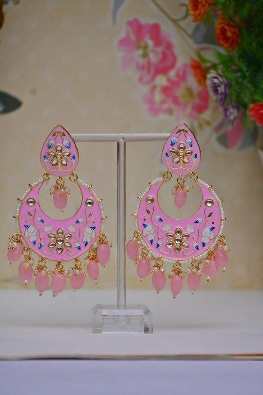 Baby Pink Gold-Polished Brass & Pearl Dangle Women Earrings| Hand Painted Meenakari Chandbali Traditional Ethnic Wear Earrings By House of Ree House of Ree