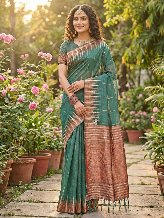 Anaita Mehendi Linen Woven Work Saree With Blouse