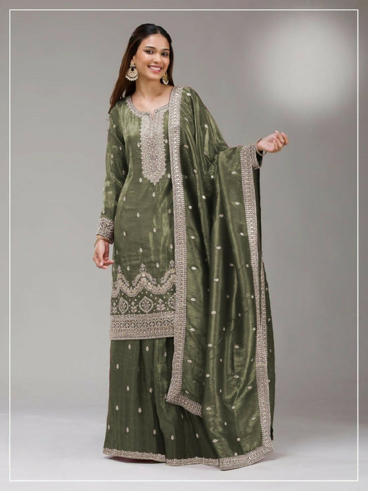 Anaita Green Gold Crush Stitched Suit with Embroidery & Sequins Work