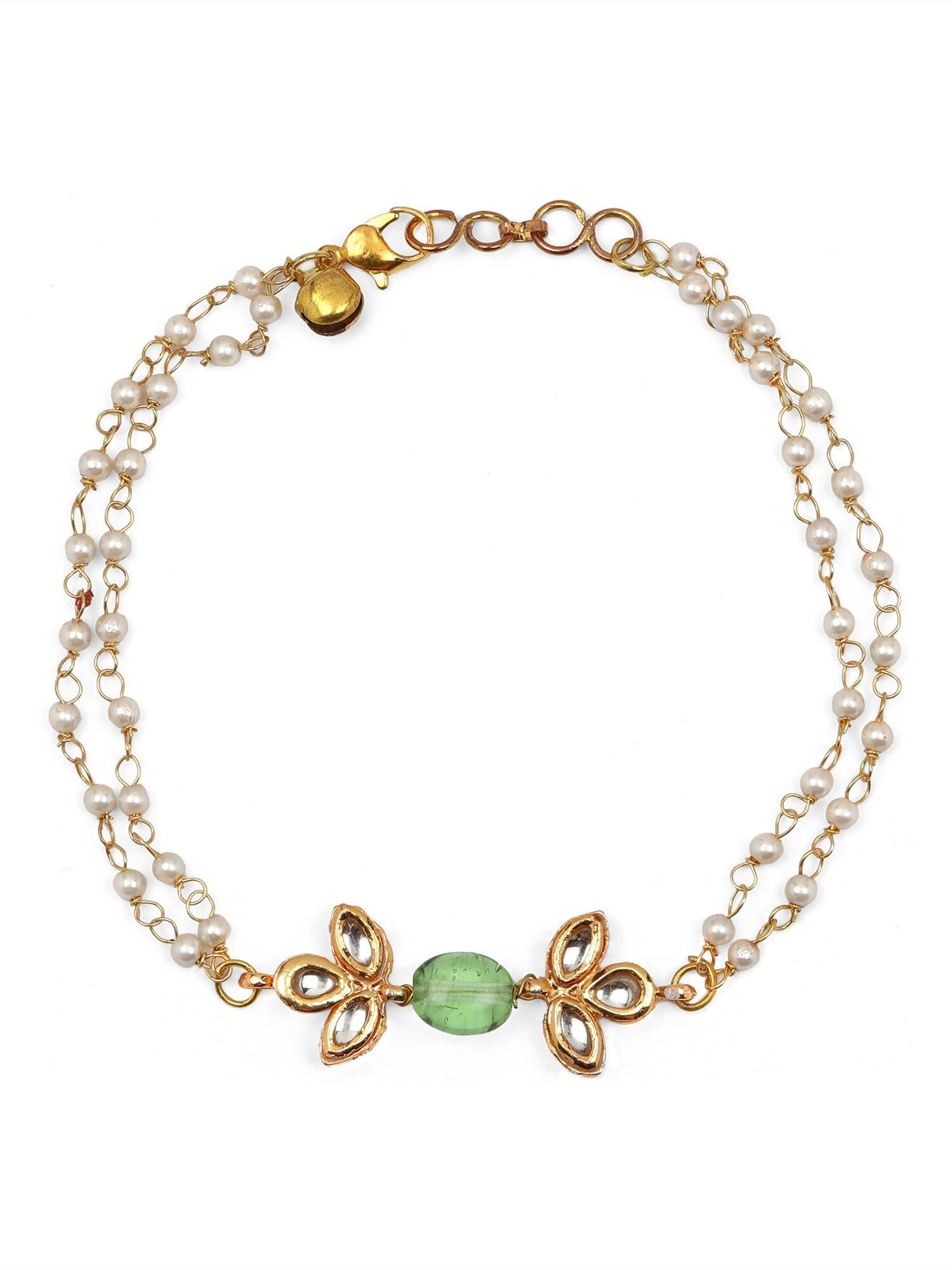 Gold Plated Green White Kundan Beads Anklet Set Of 2 - Ruby Raang - Grab2buy