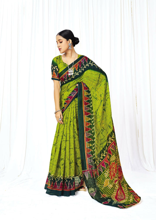Green Chanderi Cotton Floral Printed Saree With Unstitched Blouse Piece - Kathika