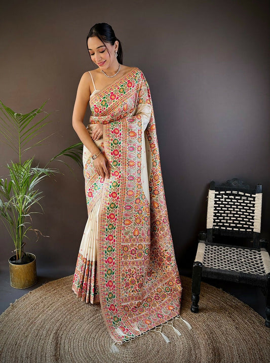Joban Fashion White Meena Weaves Pashmina Sarees