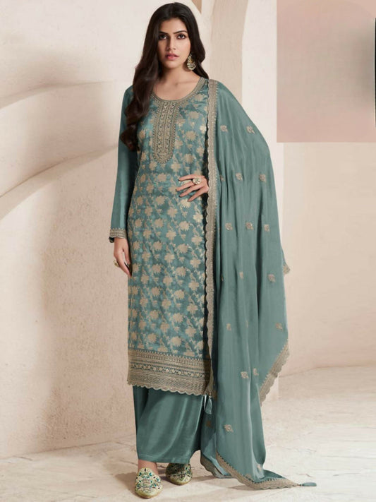 Anaita Sky Blue Viscose Muslin Stitched Suit with Sequence & Zari Work