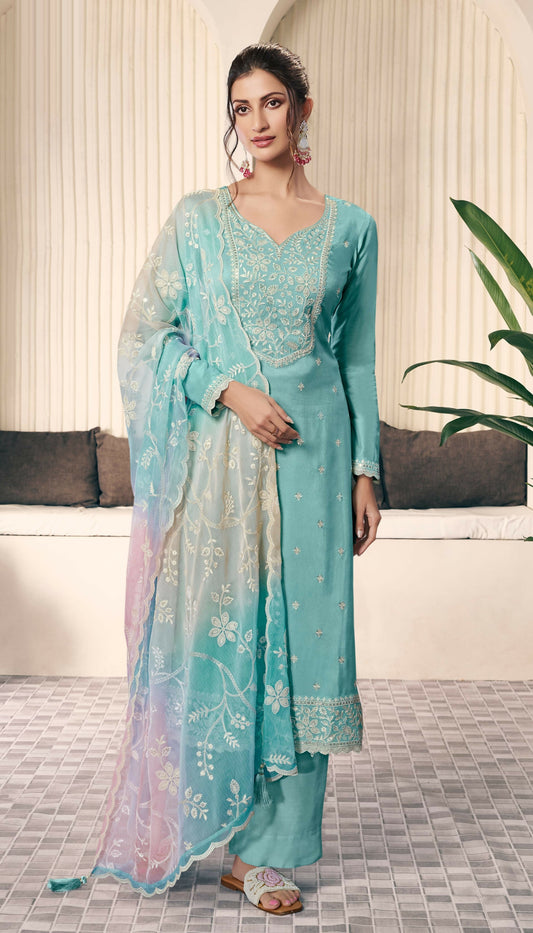 Anaita Aqua blue Embroidered Silk Stitched Salwar Suit