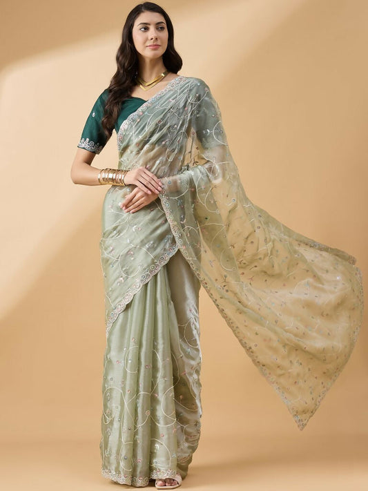 Green Organza Sequence Embroidered Saree with Unstitched Blouse - Satya