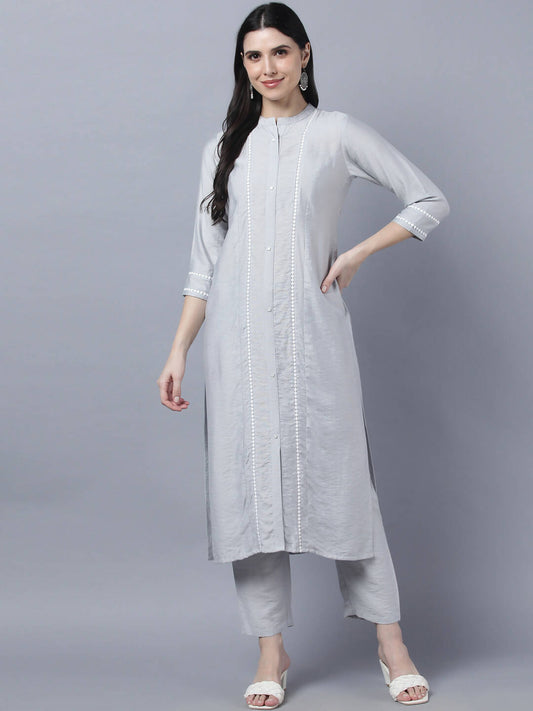 Myshka Stylish Grey Viscose 3/4 Sleeve Women's Kurta Pant Set