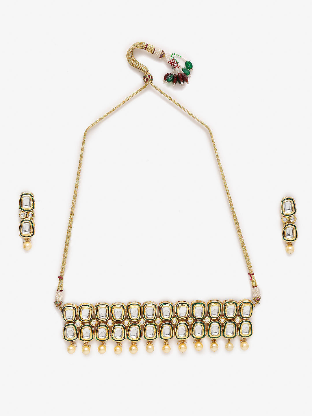 White Gold Toned Meenakari Kundan Choker With Earrings - Ruby Raang - Grab2buy