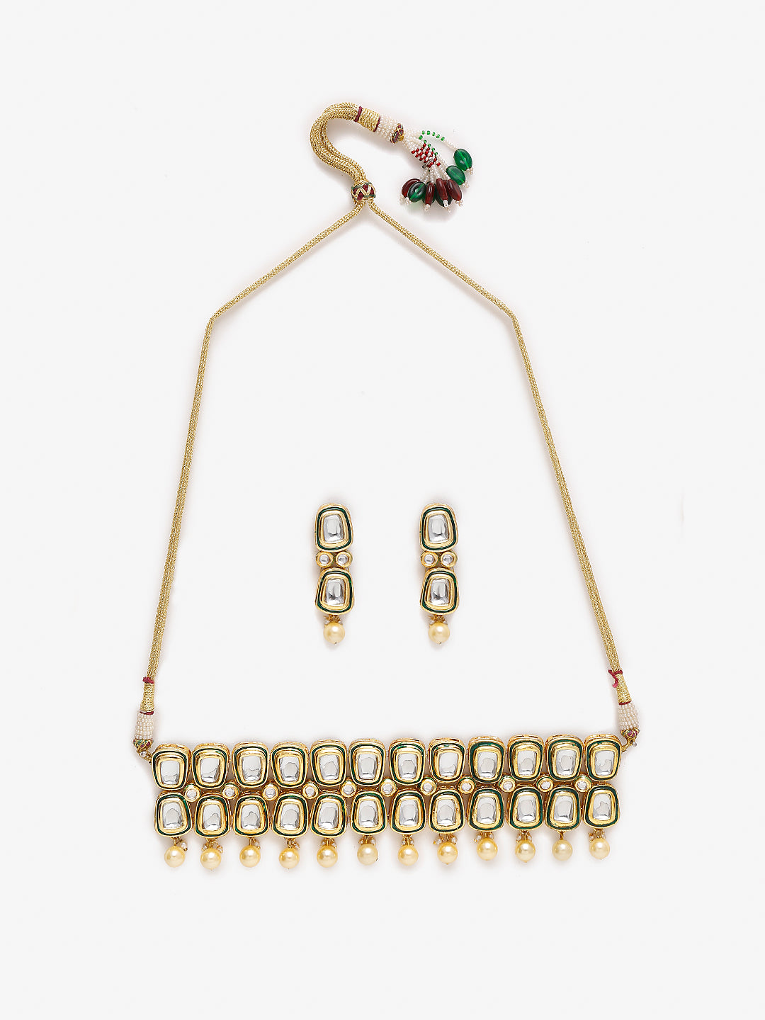 White Gold Toned Meenakari Kundan Choker With Earrings - Ruby Raang - Grab2buy