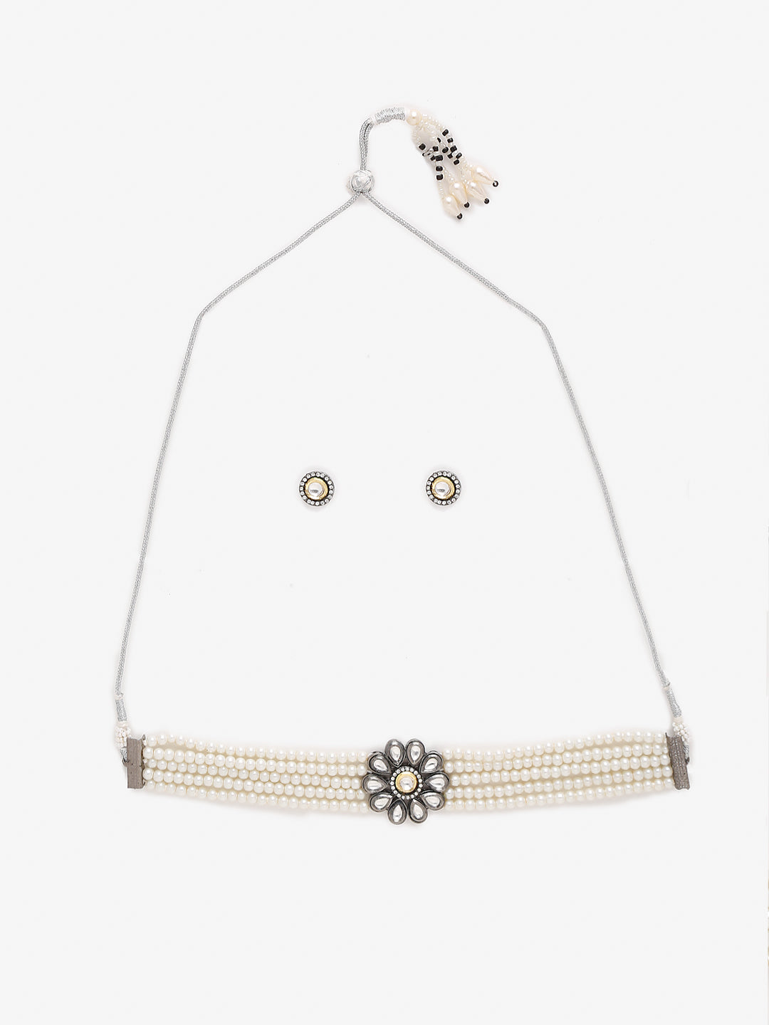 Silver-Plated Kundan Pearl Choker With Studs - Ruby Raang - Grab2buy