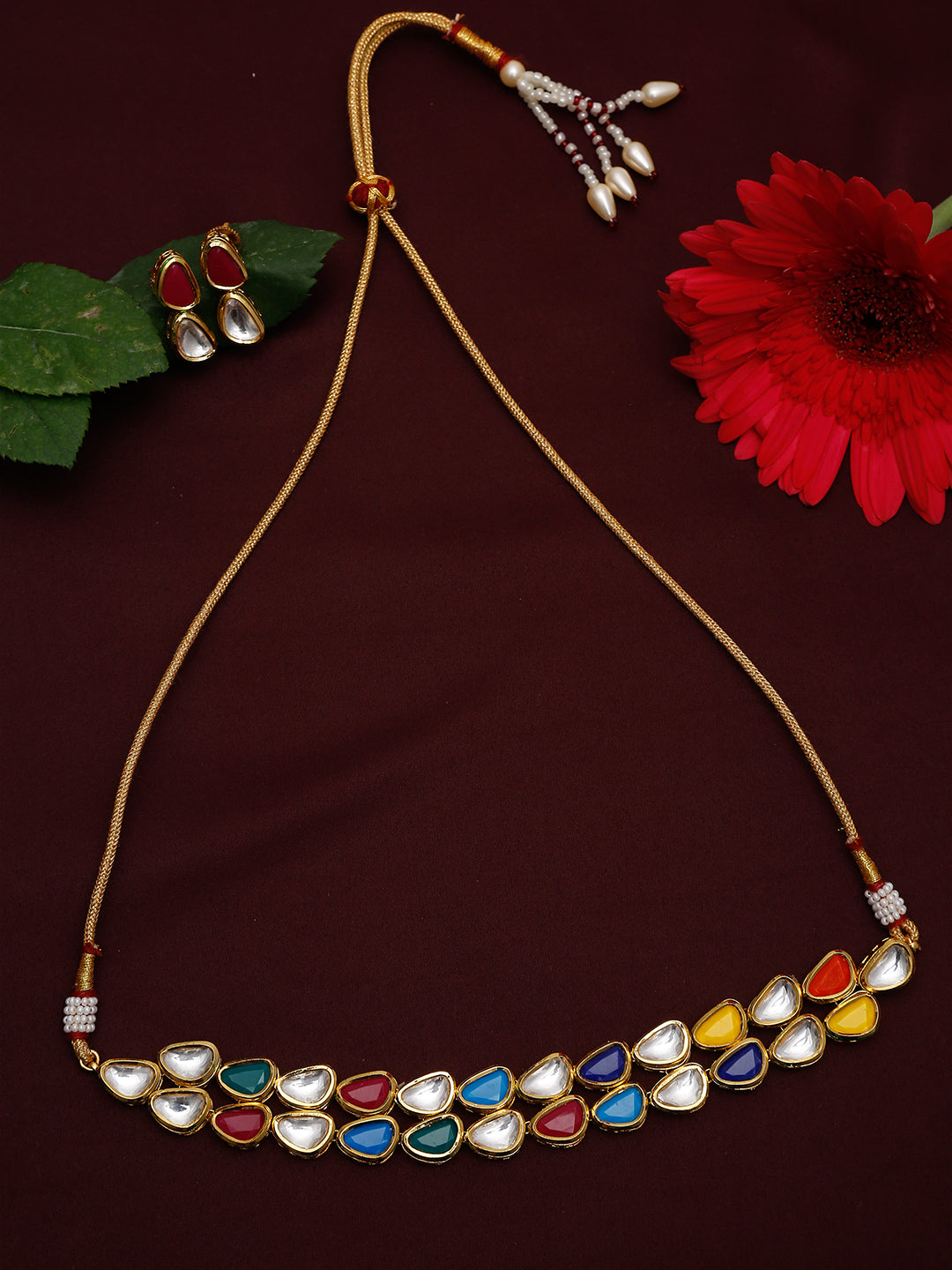 Multioloured Kundan Studded Choker Jewellery Set - Ruby Raang - Grab2buy