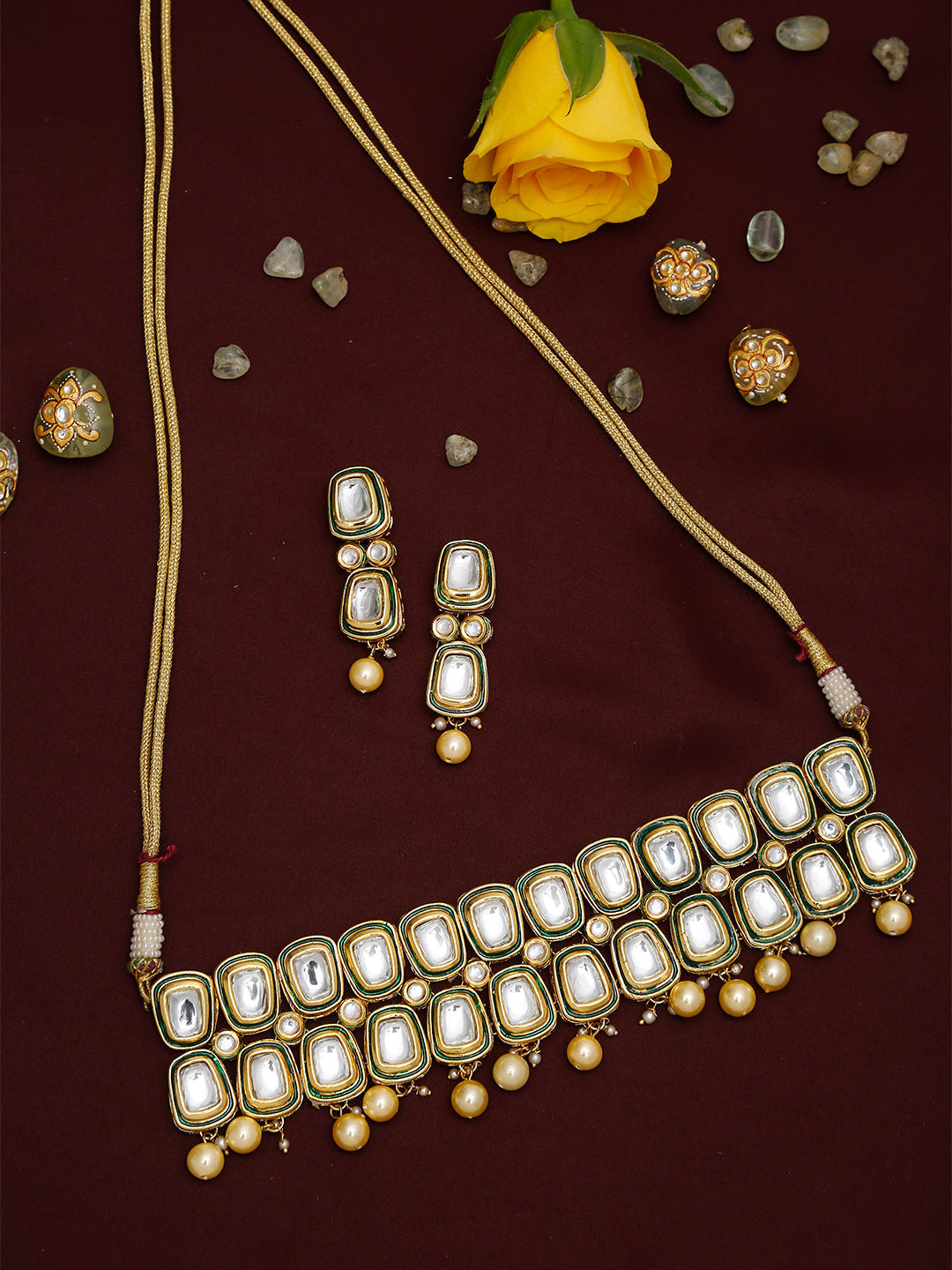 White Gold Toned Meenakari Kundan Choker With Earrings - Ruby Raang - Grab2buy