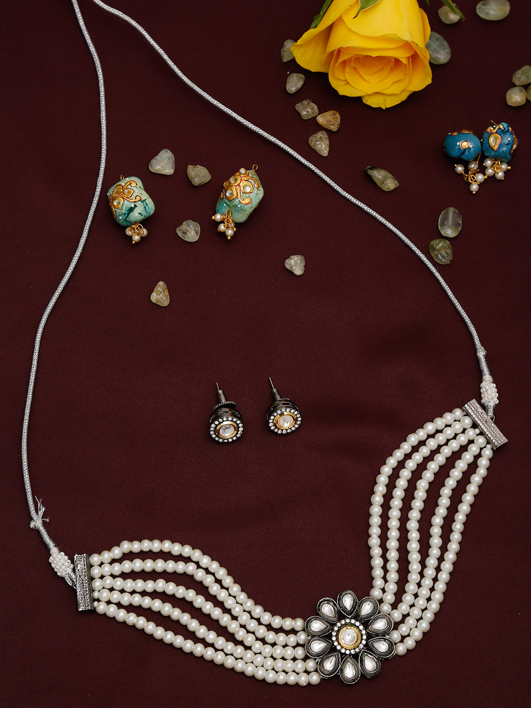 Silver-Plated Kundan Pearl Choker With Studs - Ruby Raang - Grab2buy