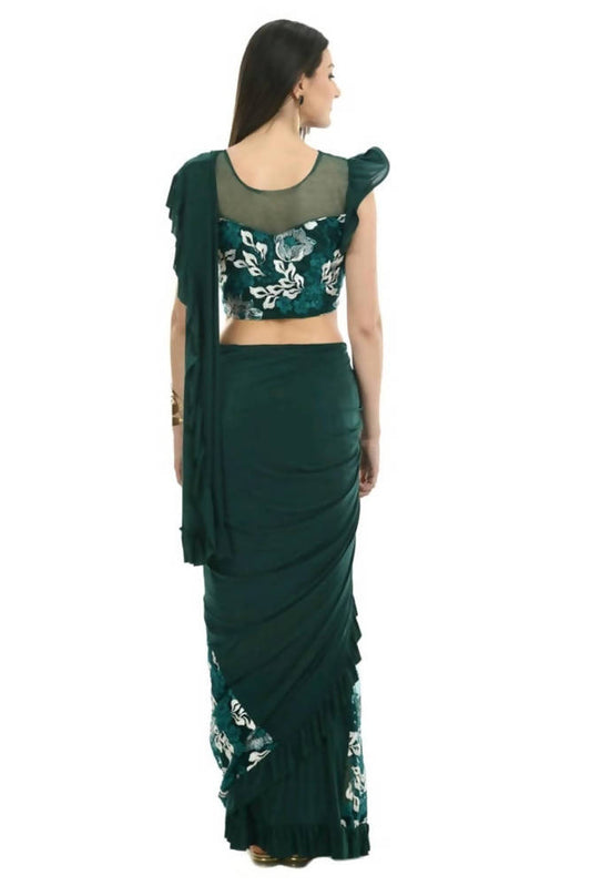 Mominos Fashion All Season Wear Bottle Green And White Thread Embroidered Ruffled